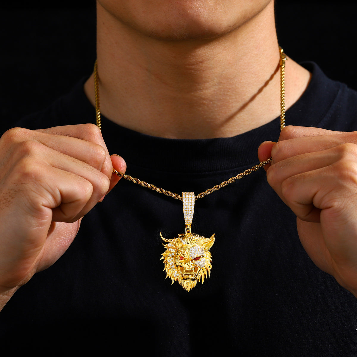 Gold tone demon mask moissanite pendant worn
