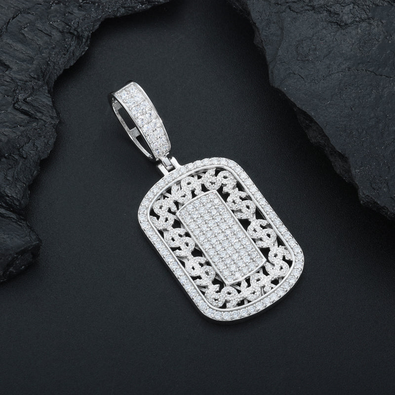Silver-tone dollar sign dog tag moissanite pendant front view