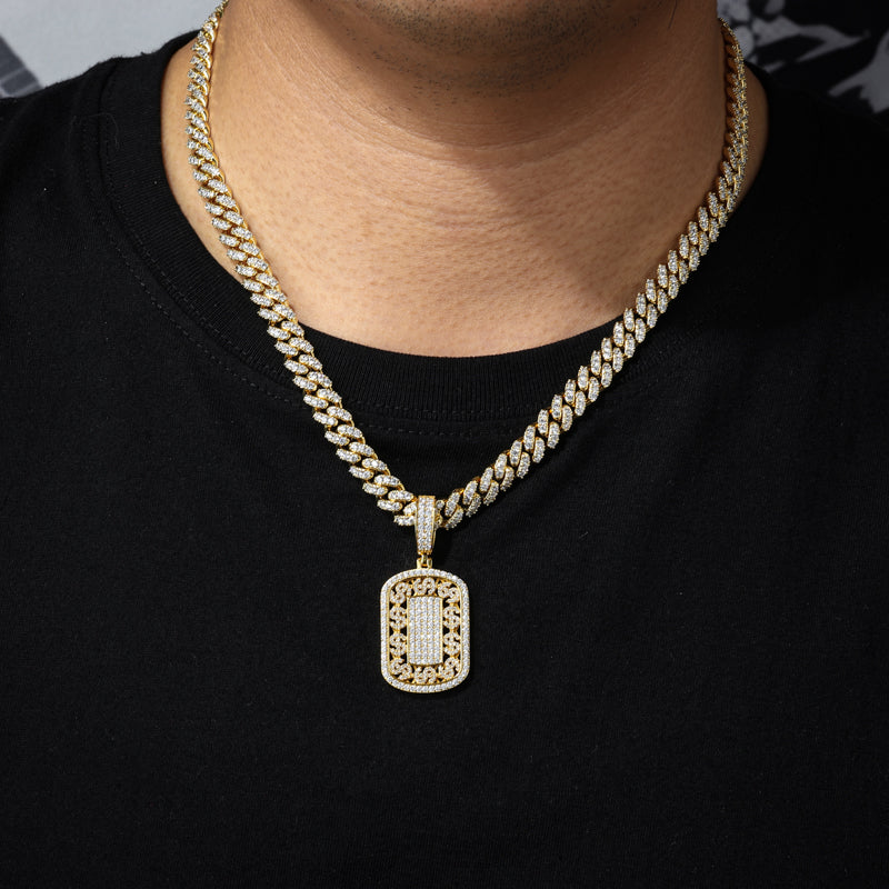 Gold-tone dollar sign dog tag moissanite pendant worn view