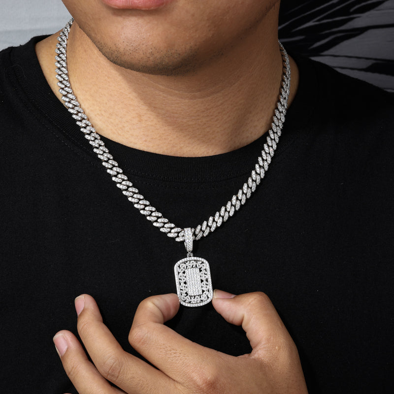 Silver-tone dollar sign dog tag moissanite pendant worn view