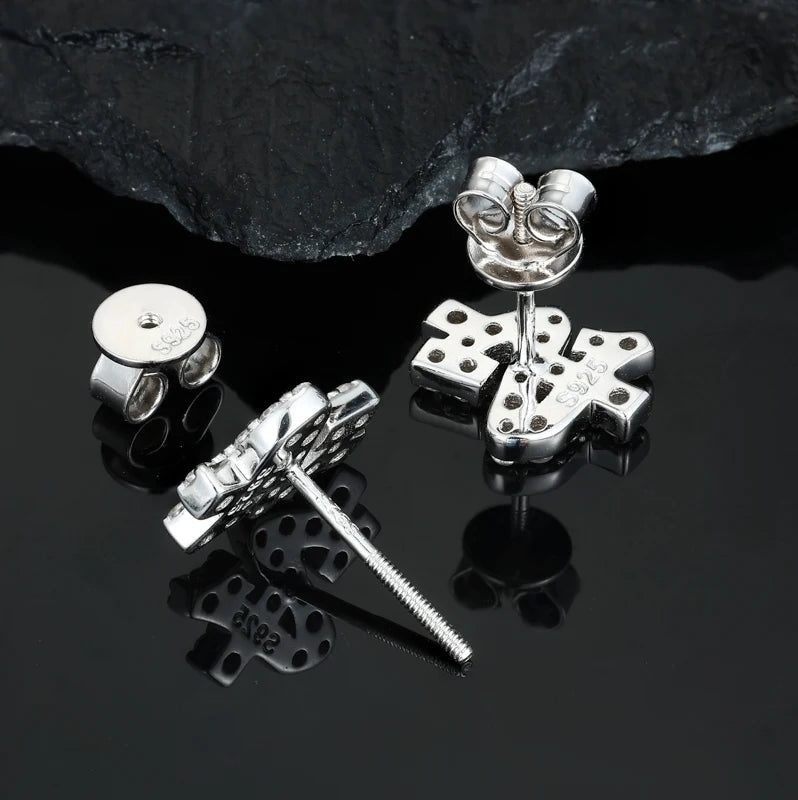 Silver-tone dollar sign moissanite stud earrings back view