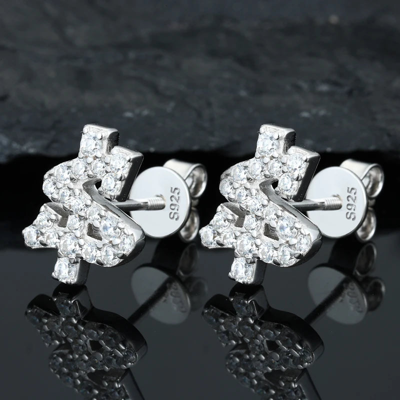 Silver-tone dollar sign moissanite stud earrings in sterling silver