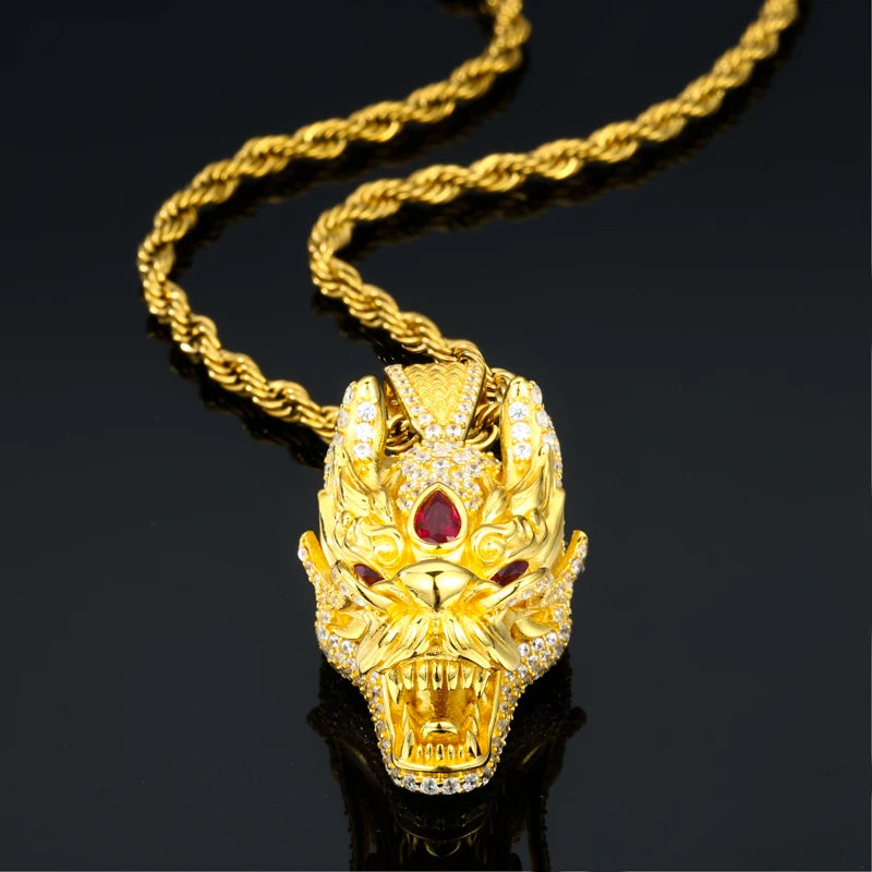 Gold-tone dragon head moissanite pendant in sterling silver