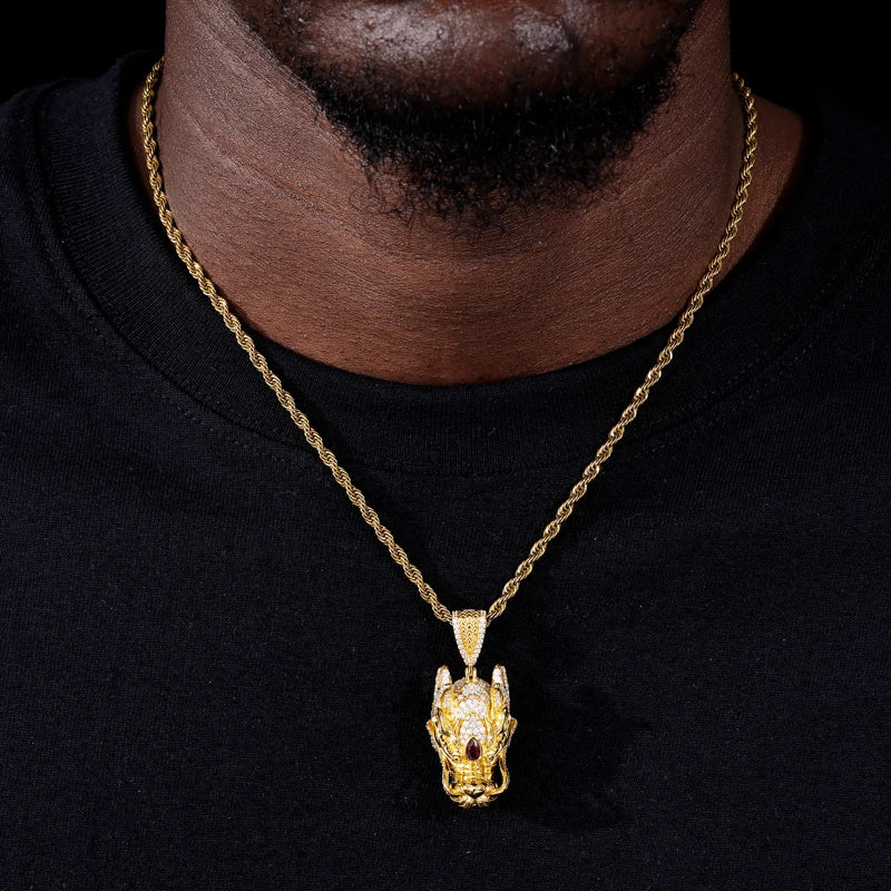 Gold-tone dragon head moissanite pendant worn view