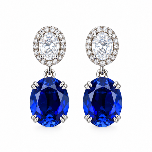 6 Carat Total Oval Lab-Grown Blue Sapphire Drop Earrings – K Gold-Plated 925 Sterling Silver