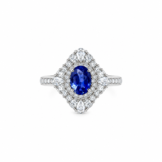 1 Carat Oval Lab-Grown Blue Sapphire Halo Ring – K Gold-Plated 925 Sterling Silver