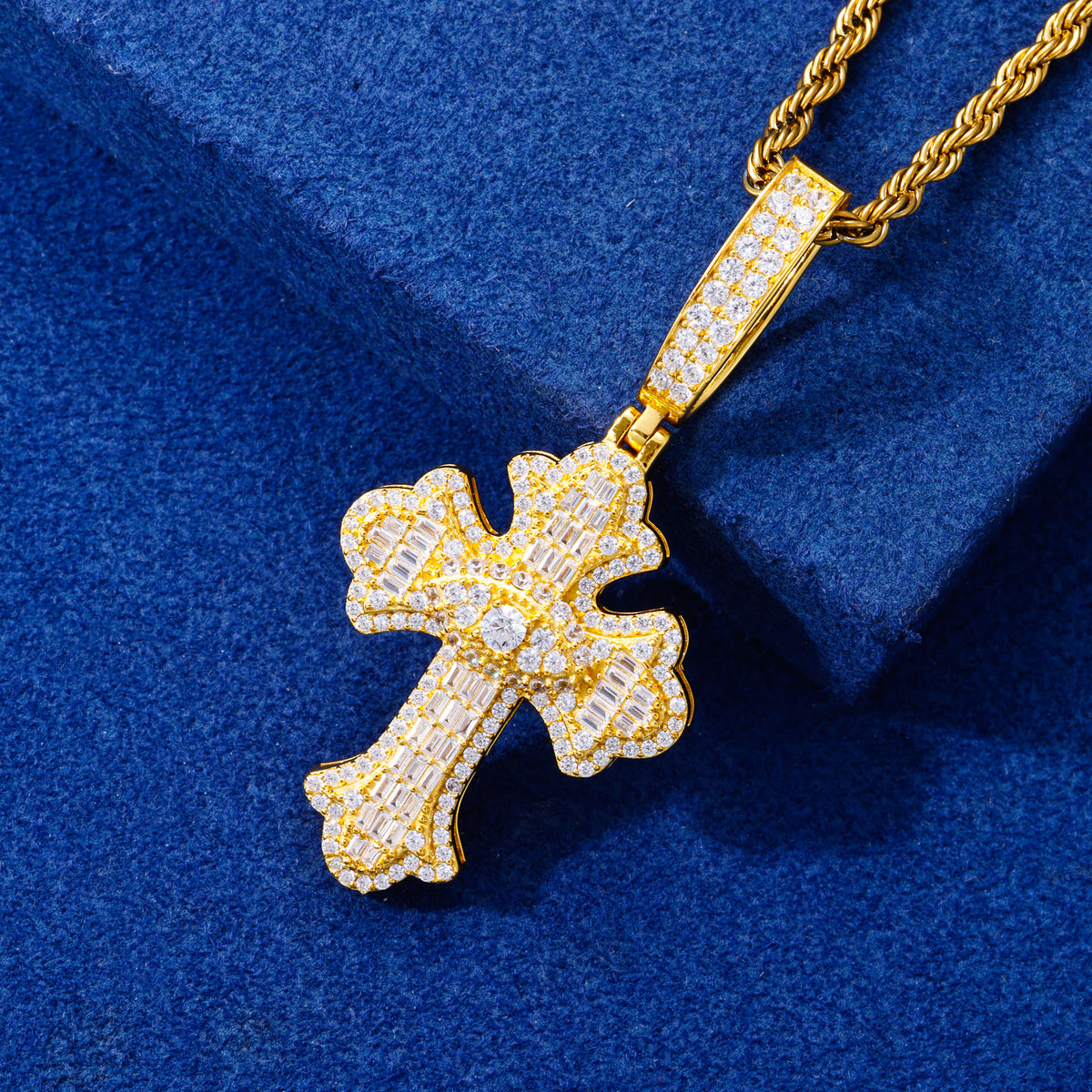 Gold tone evil eye iris cross moissanite pendant