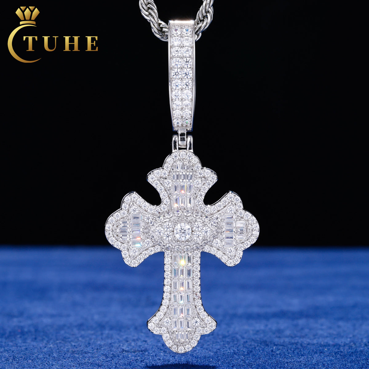 Silver tone evil eye iris cross moissanite pendant