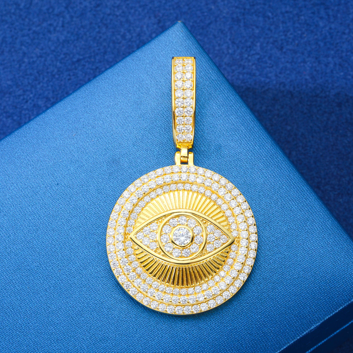 Evil Eye Medallion Moissanite Pendant close-up