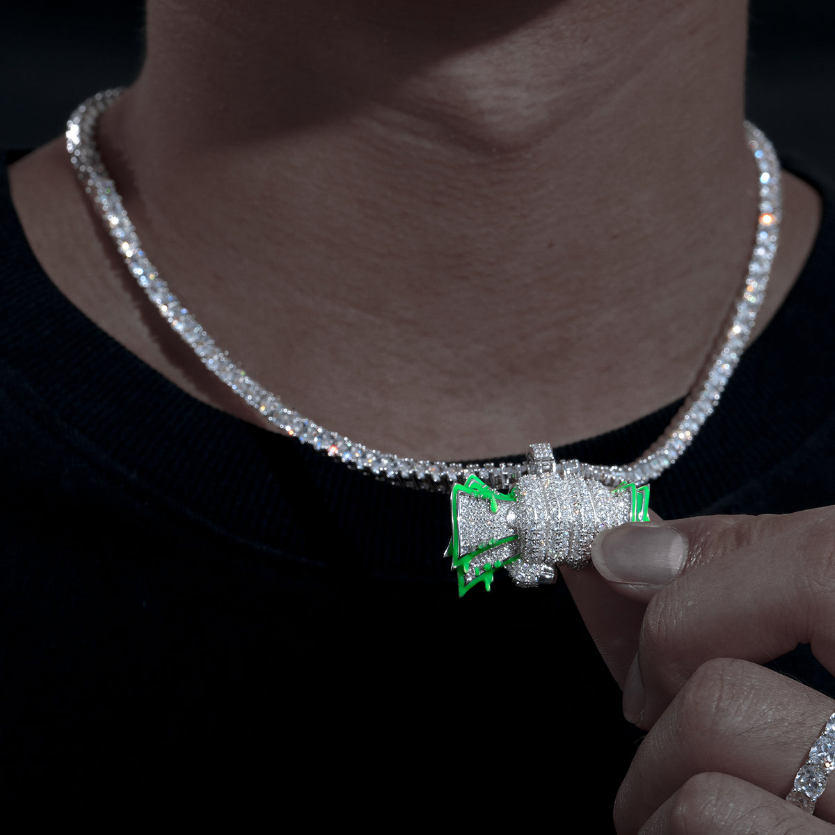 Glowing Fist Money Bag Moissanite Pendant close-up