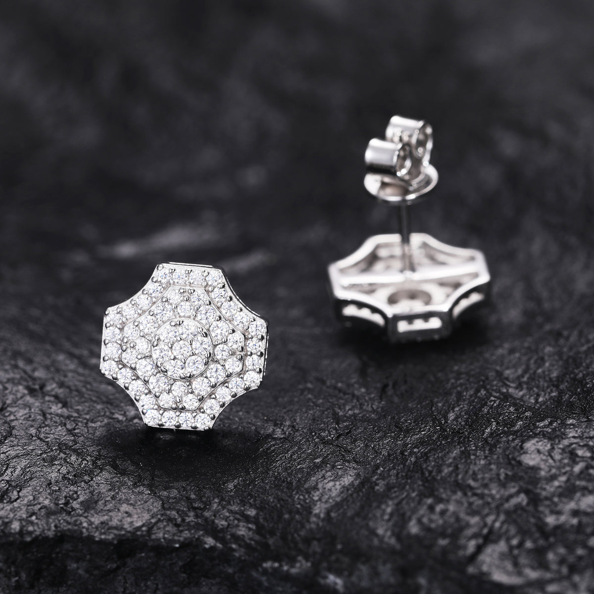 Silver-tone geometric cluster moissanite stud earrings front view