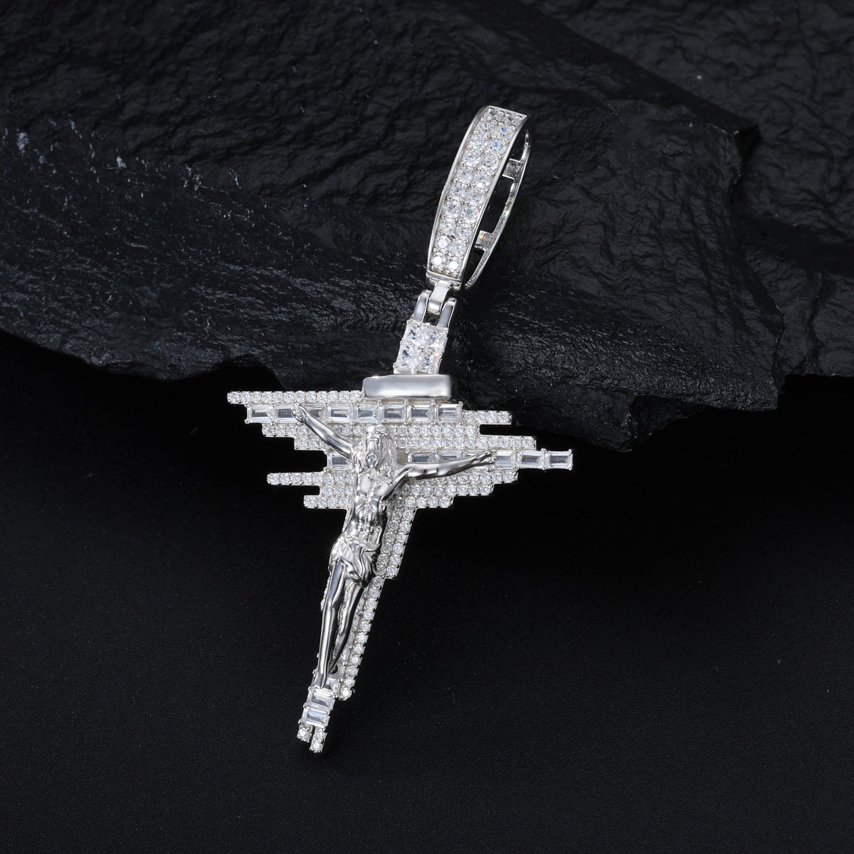 Silver-tone geometric crucifix moissanite pendant
