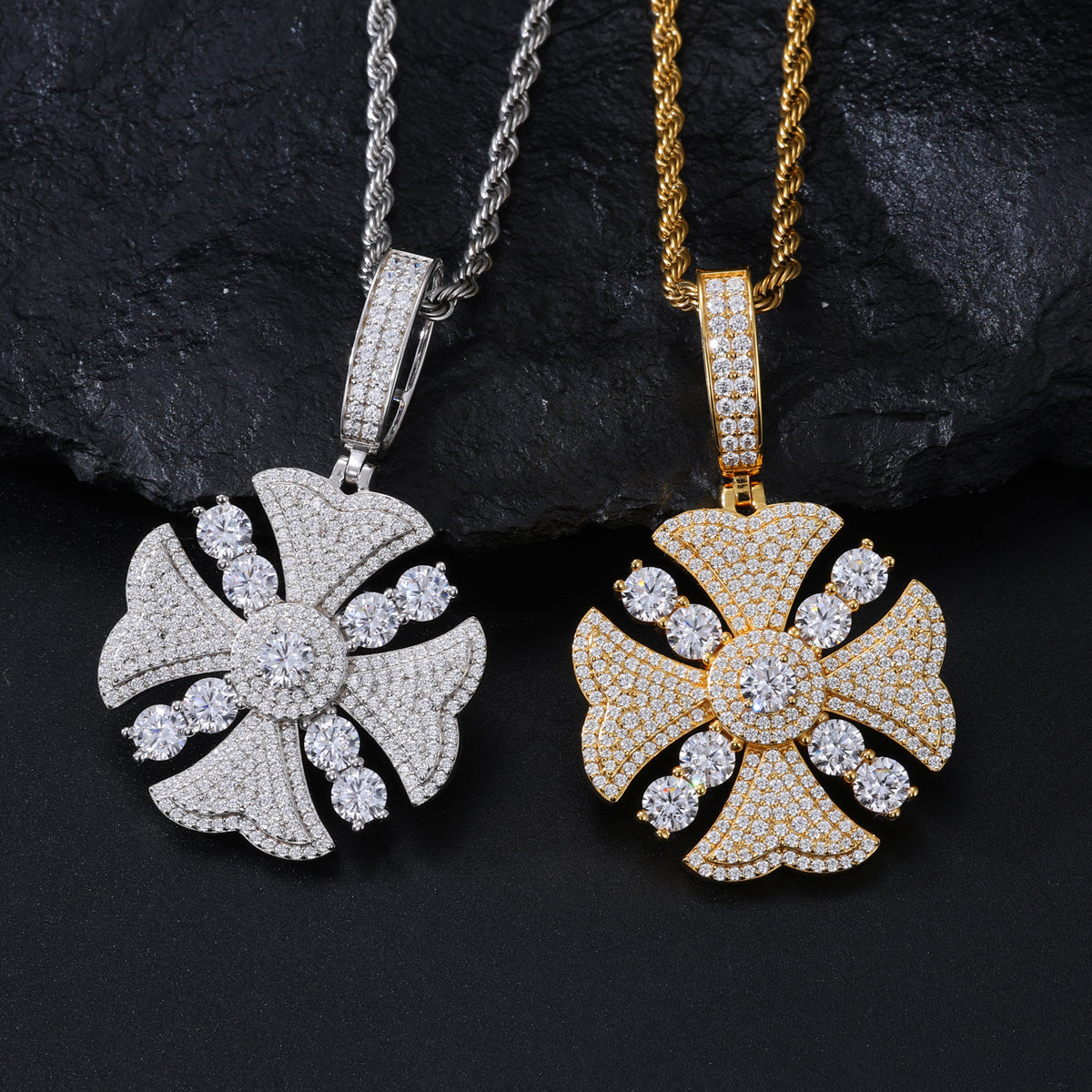 Silver-tone and gold-tone floral halo cross moissanite pendants
