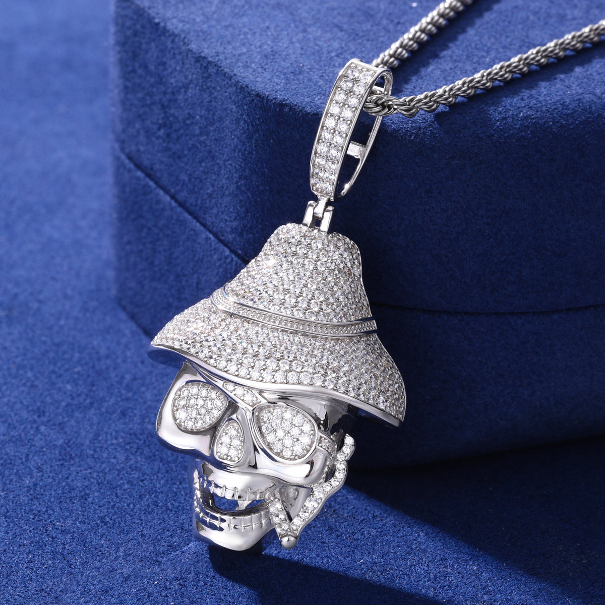 Silver-tone iced-out skull hat moissanite pendant