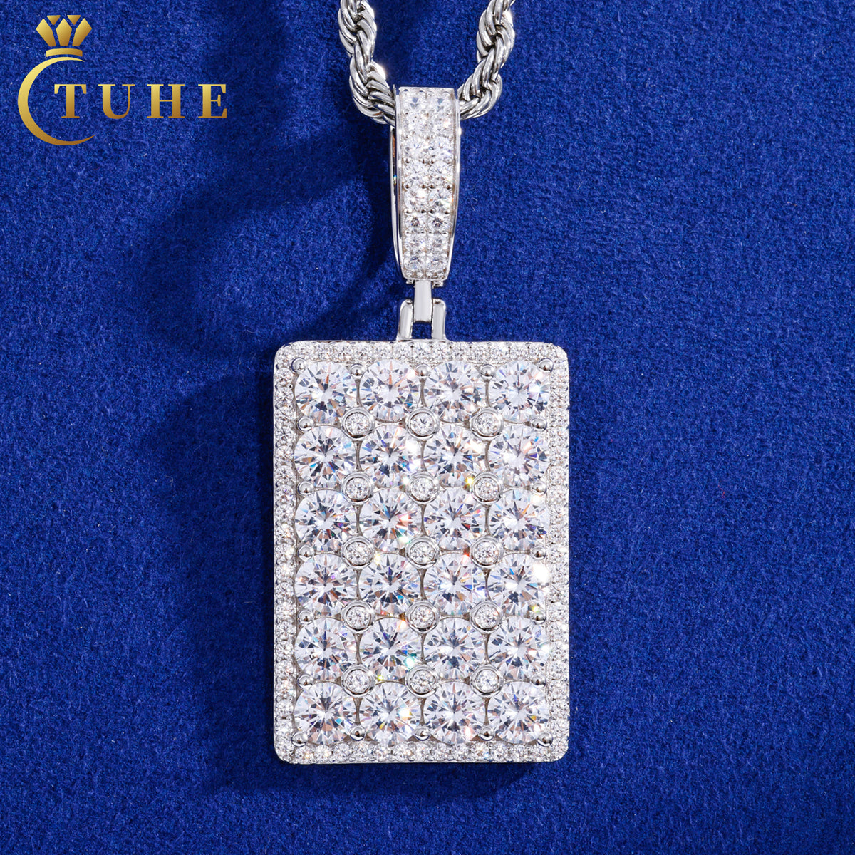 Silver tone iced square dog tag moissanite pendant