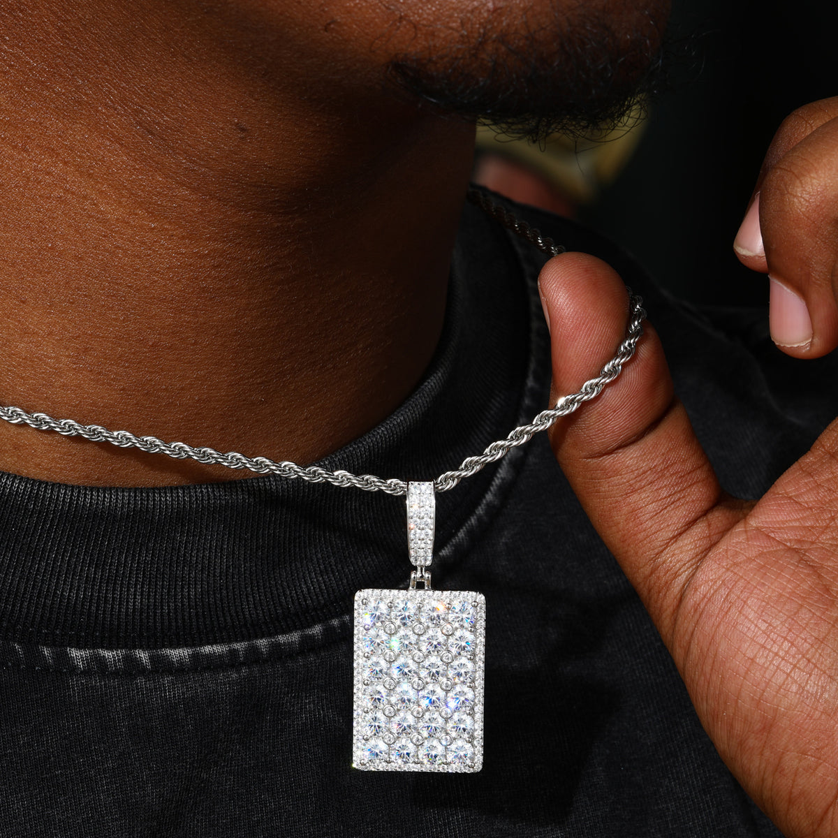 Silver tone iced square dog tag moissanite pendant worn