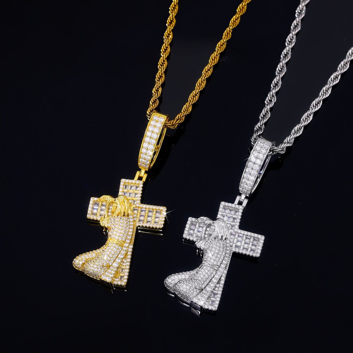 Jesus carrying cross moissanite pendants in silver and gold tone