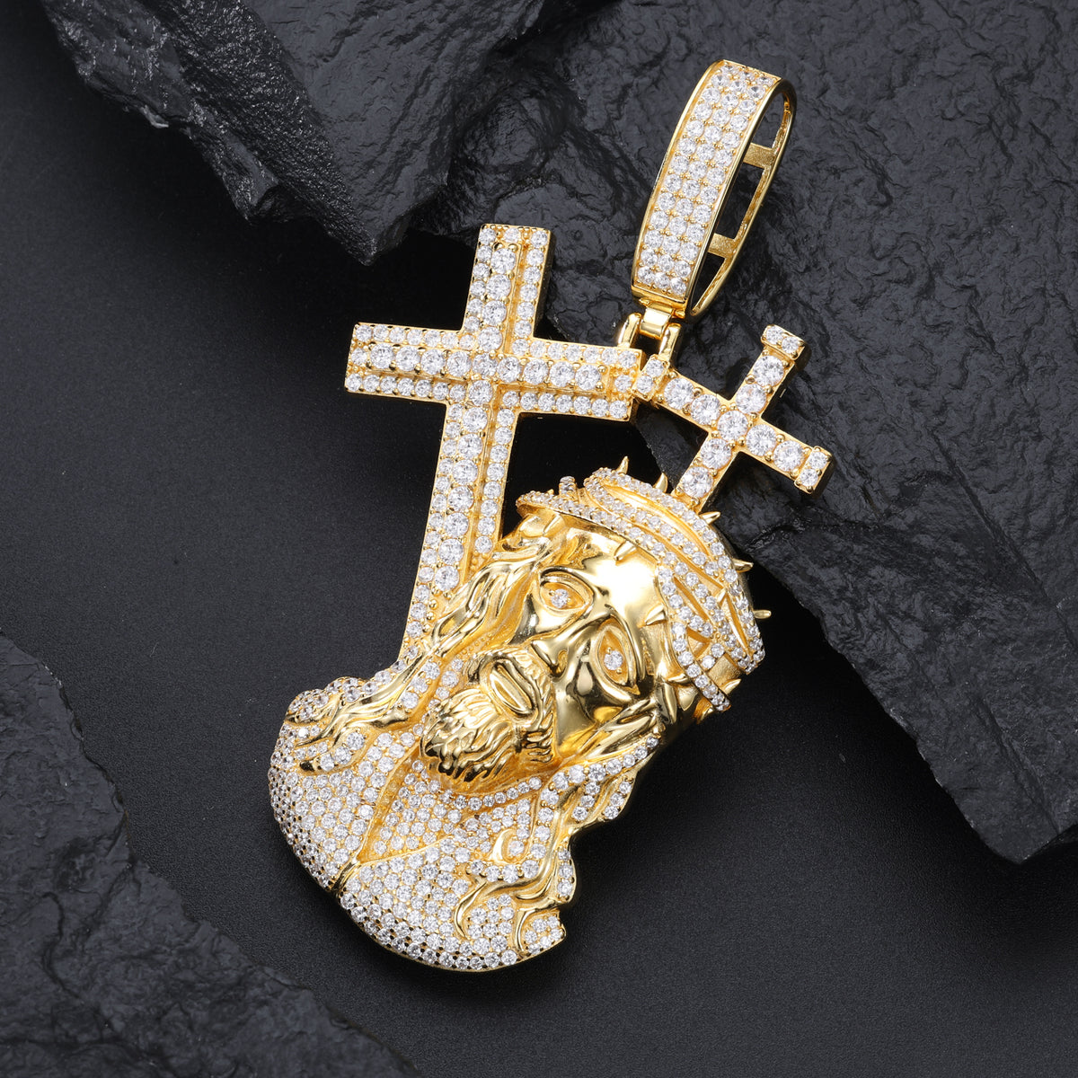 Jesus Head and Cross Moissanite Pendant close-up