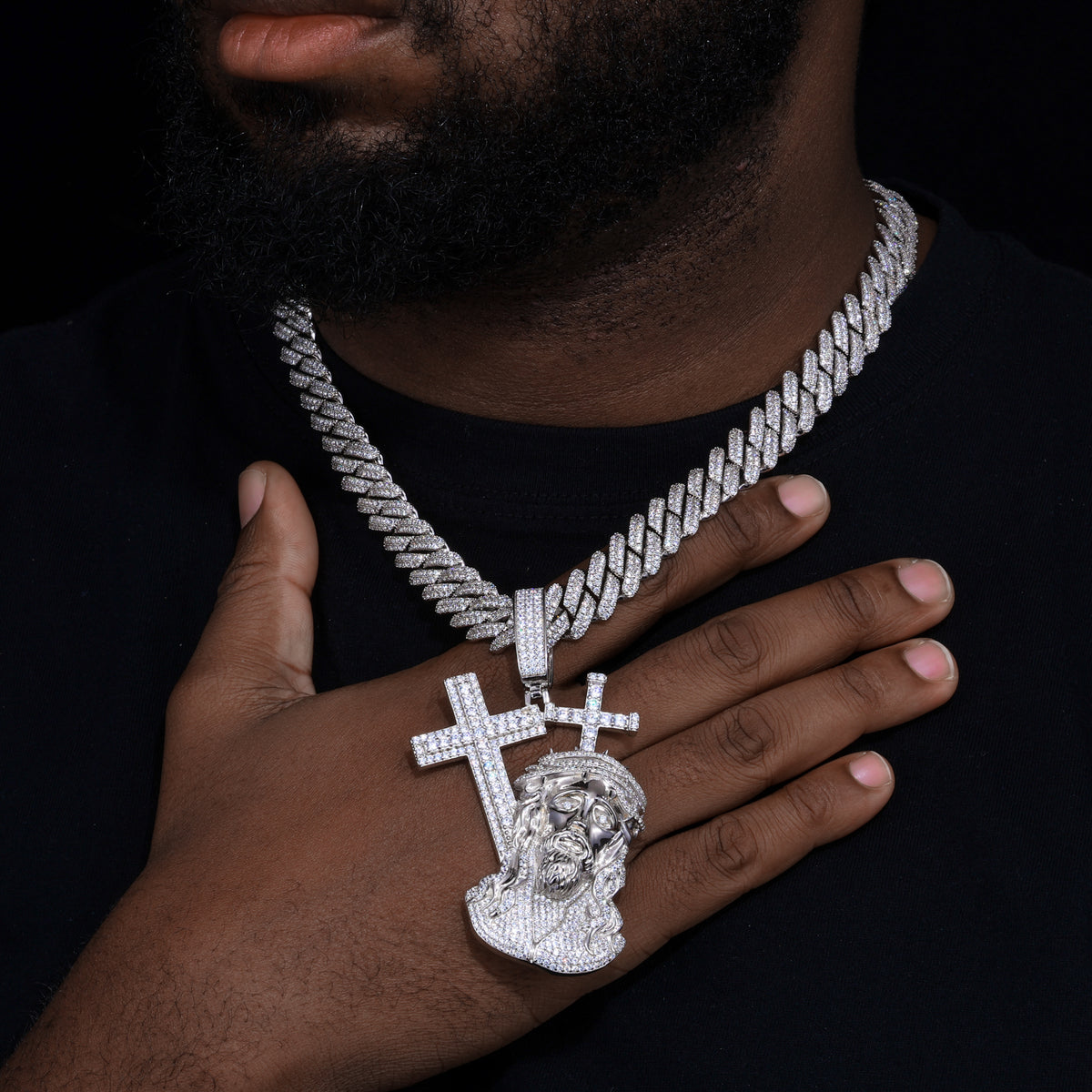 Jesus Head and Cross Moissanite Pendant view