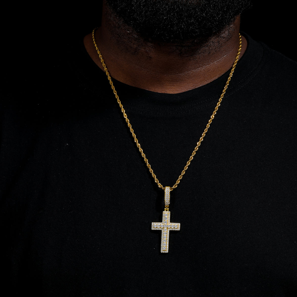 Double-layer cross moissanite pendant on a necklace