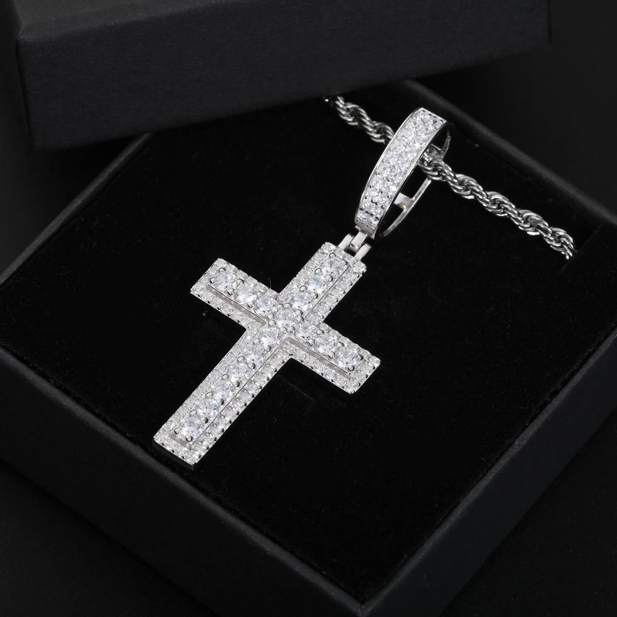 Double-layer cross moissanite pendant in silver tone