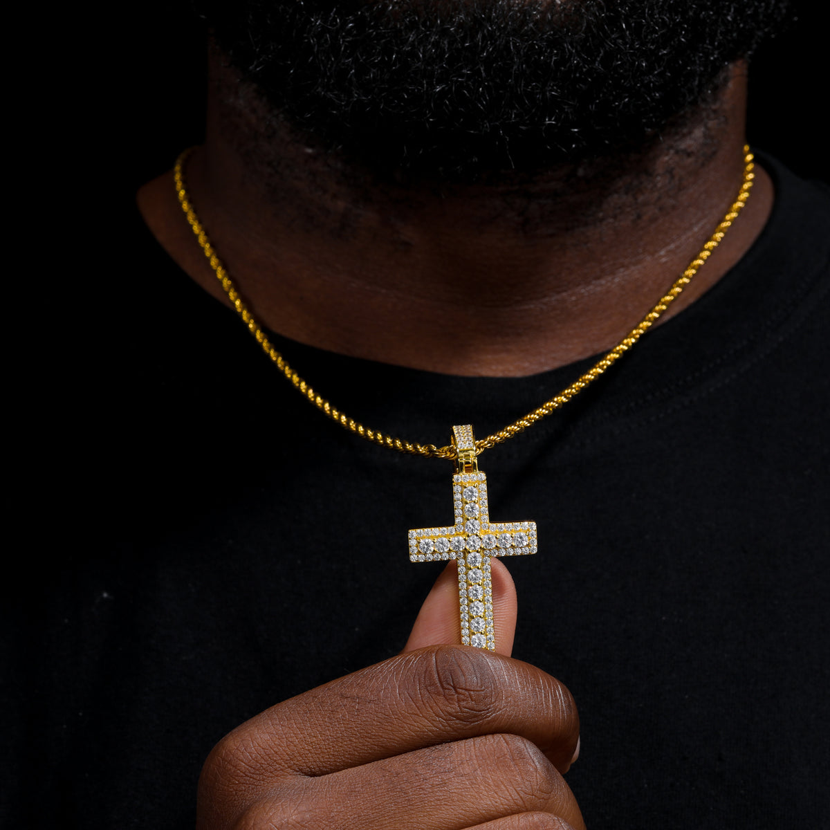 Gold tone double-layer cross moissanite pendant worn