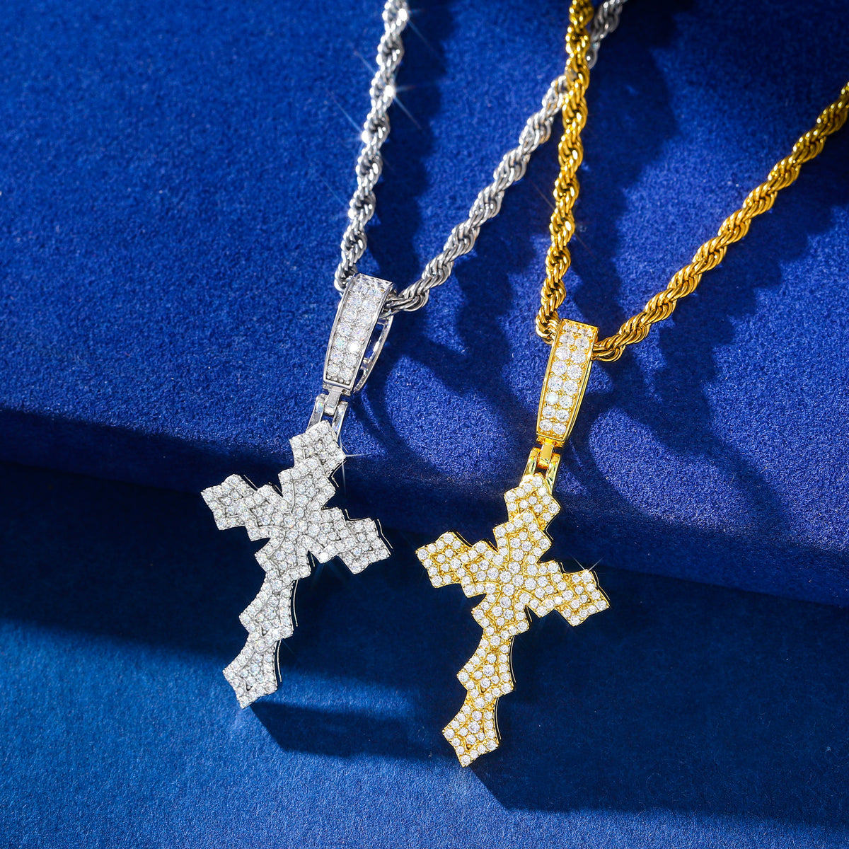 Silver-tone and gold-tone layered lily cross moissanite pendants