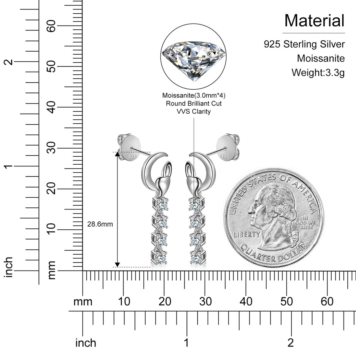 Moissanite drop earring dimensions and specifications