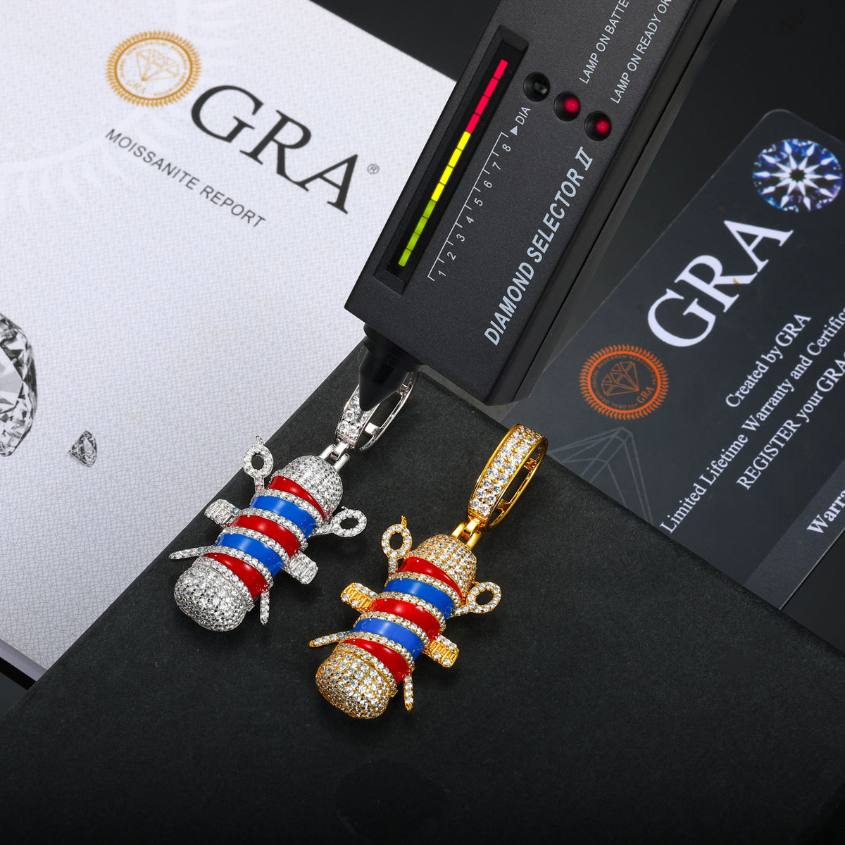 Barber pole pendants with tester and report