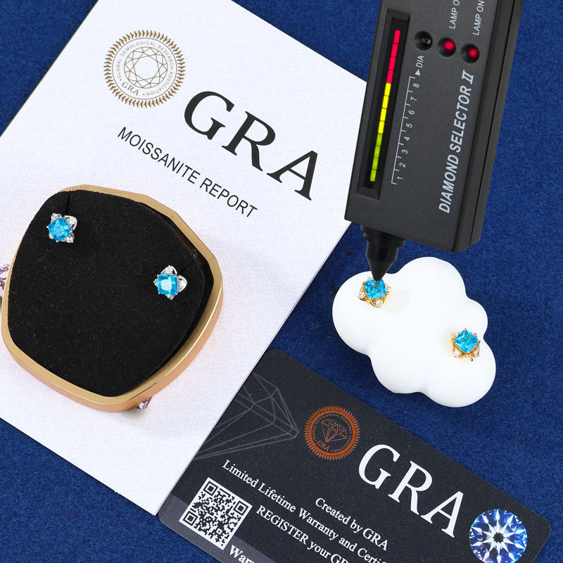 Blue CZ stud earrings shown with tester