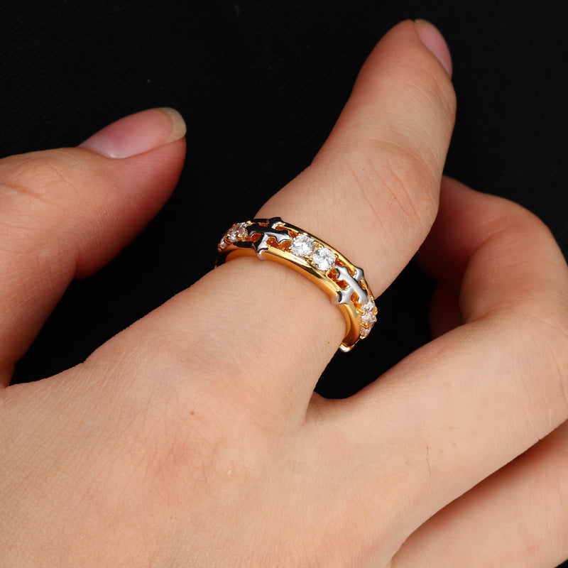 Cross moissanite band ring on hand