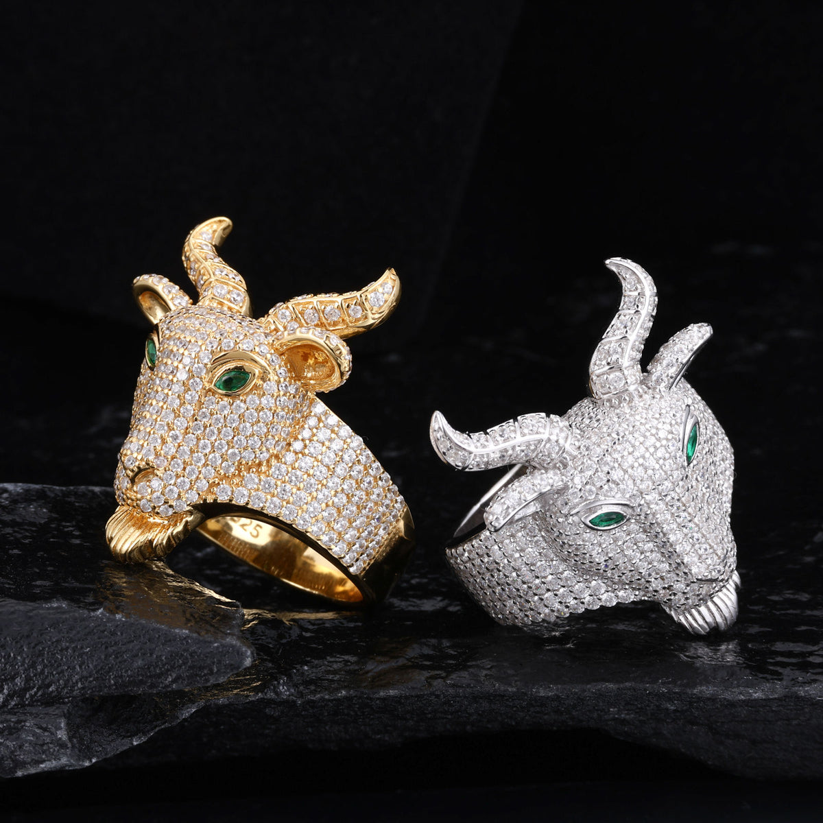 Gold and silver goat head statement rings