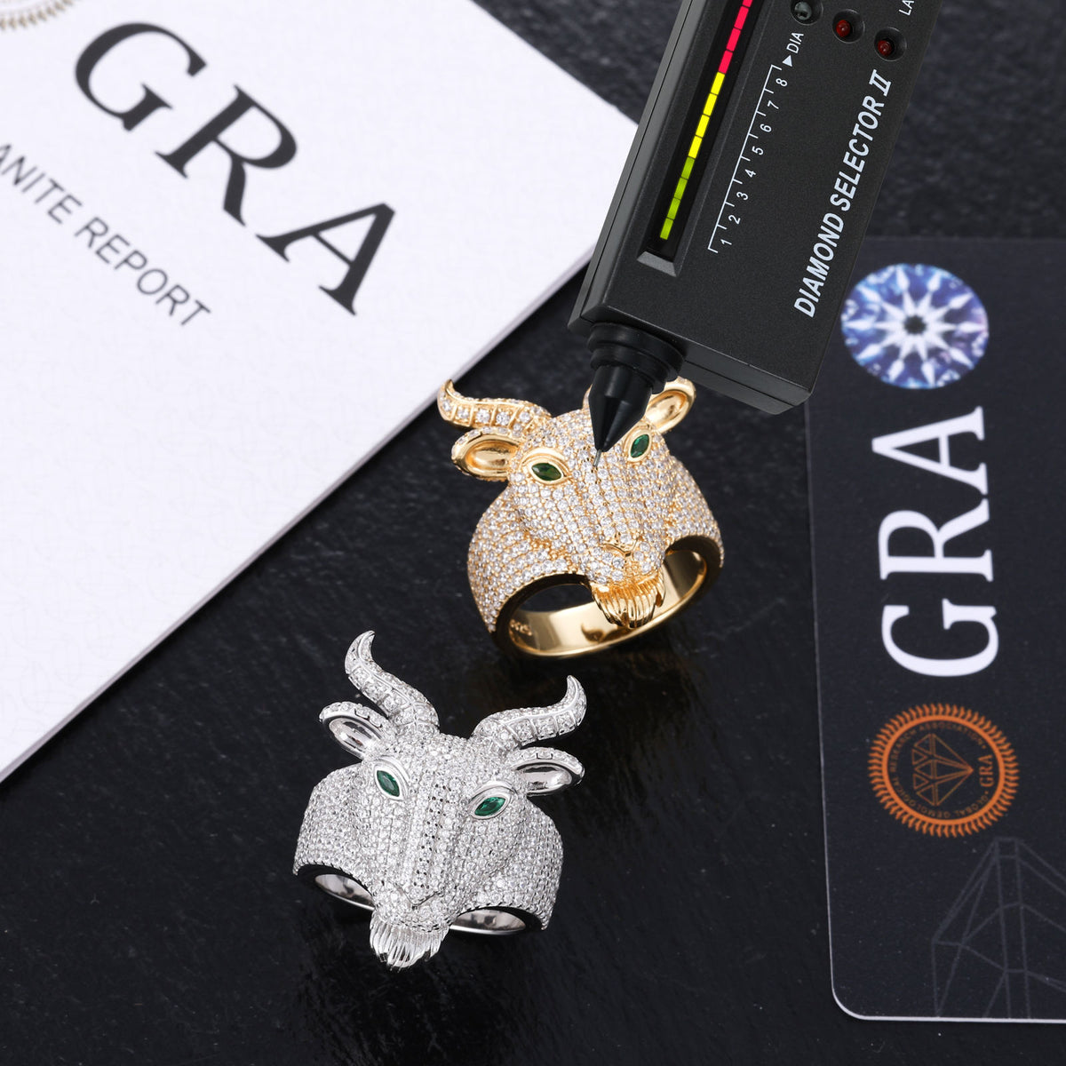 Goat ring shown with moissanite tester