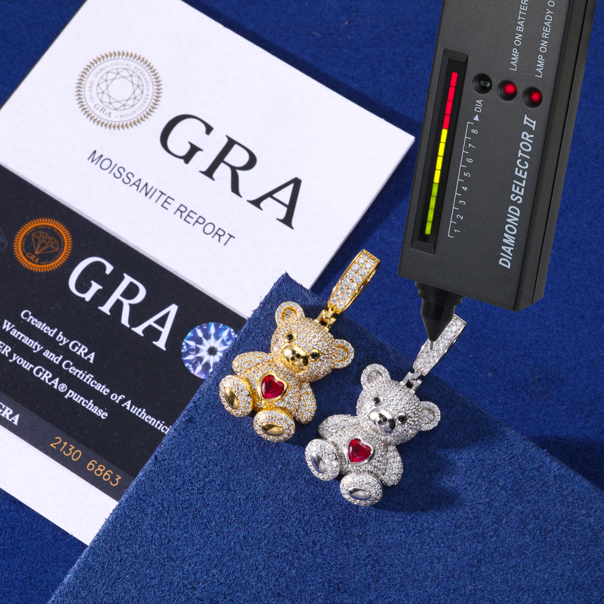 Gold and silver teddy bear pendants with moissanite report and tester