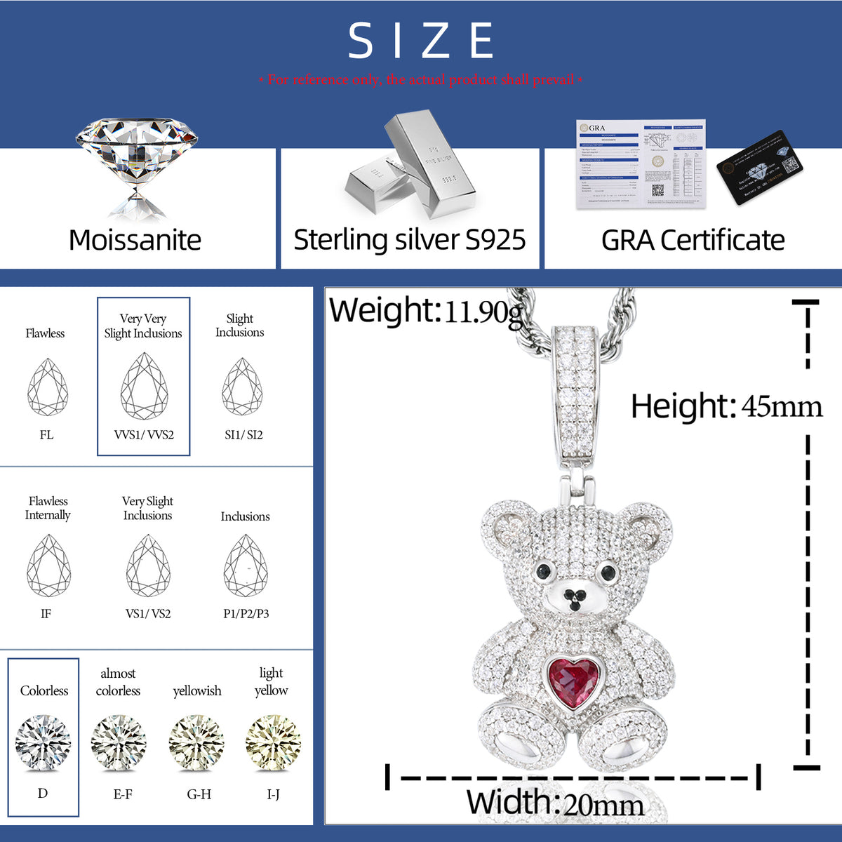 Teddy bear moissanite pendant dimensions and specifications