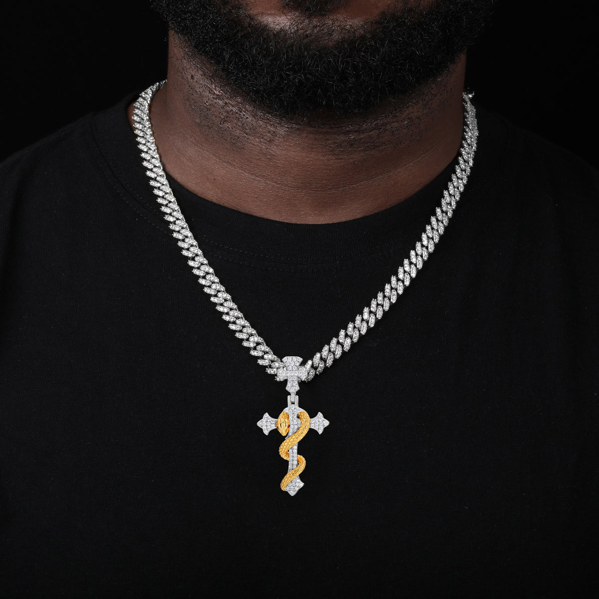 Snake cross moissanite pendant styled with Cuban chain