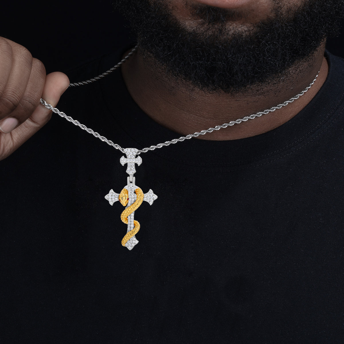 Snake cross moissanite pendant styled with silver chain