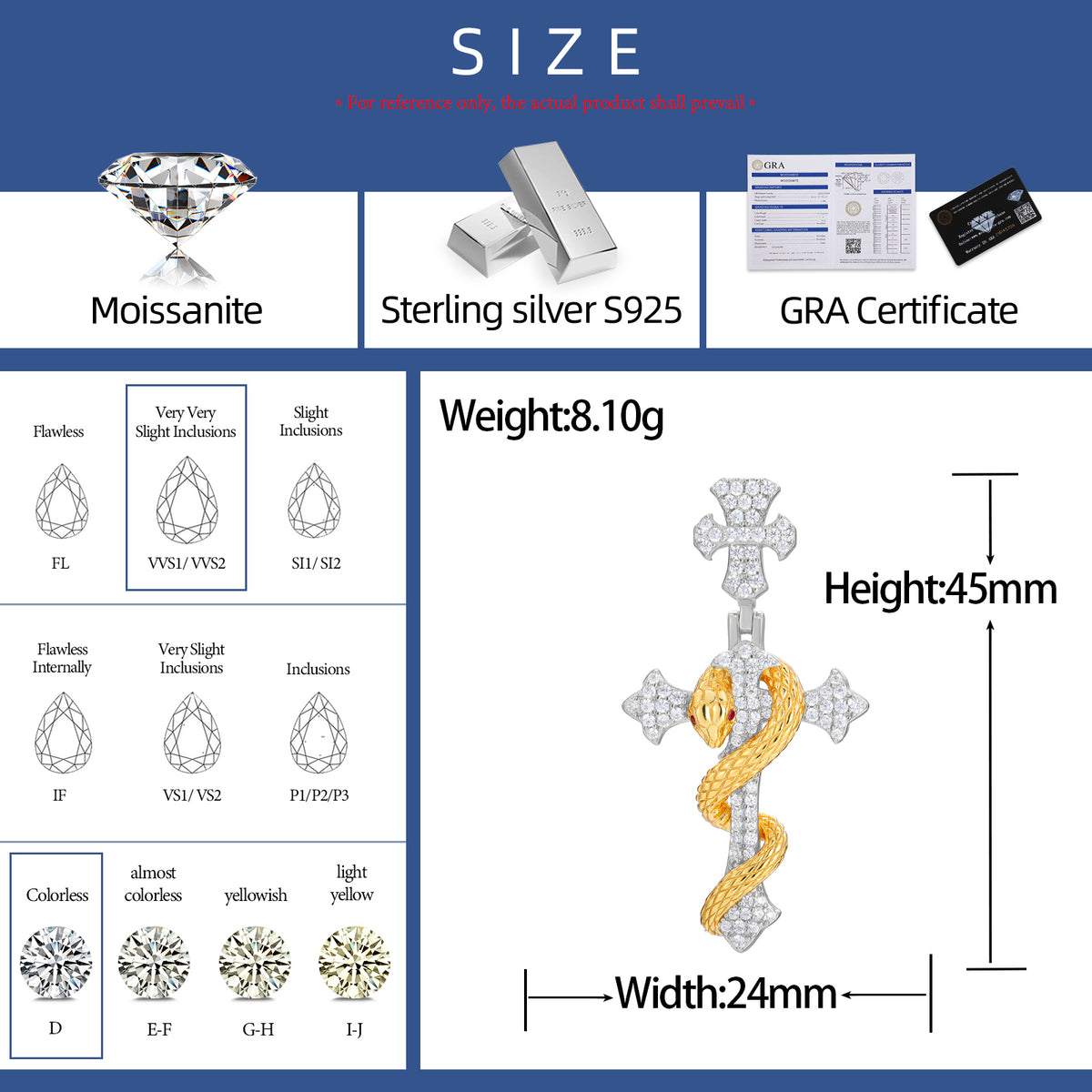 Snake cross moissanite pendant dimensions and specifications