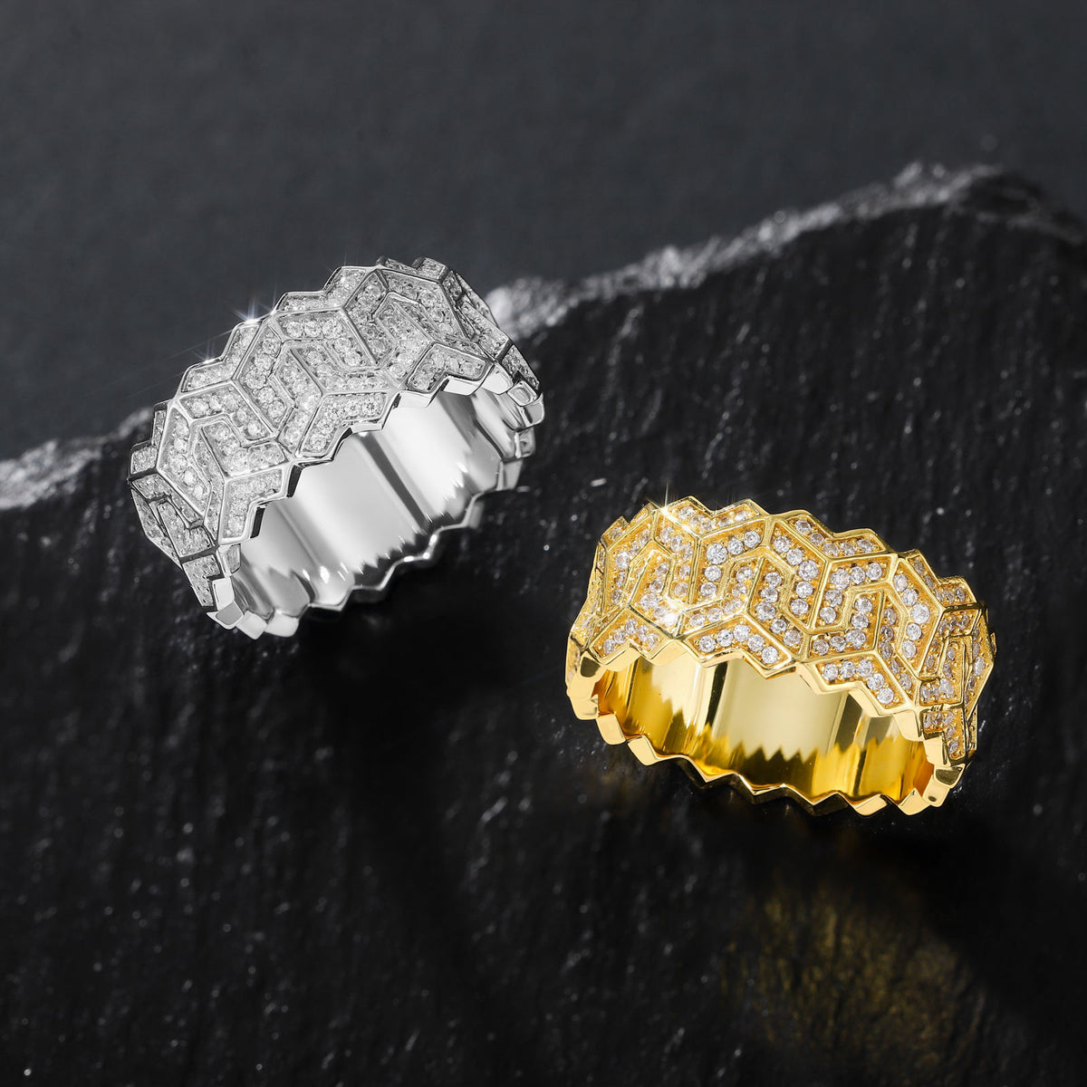Silver and gold geometric moissanite band rings