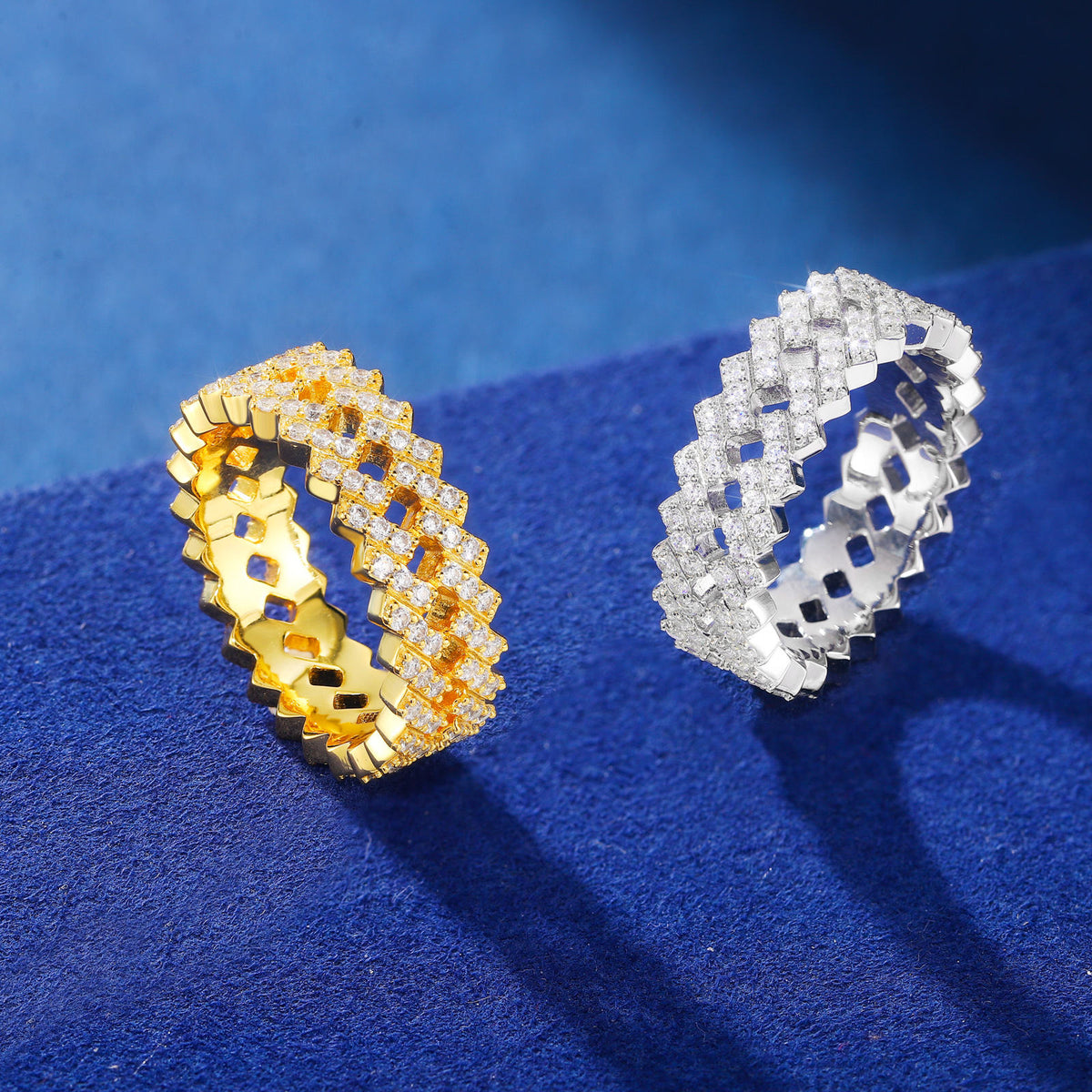 Gold and silver triple-row moissanite band rings