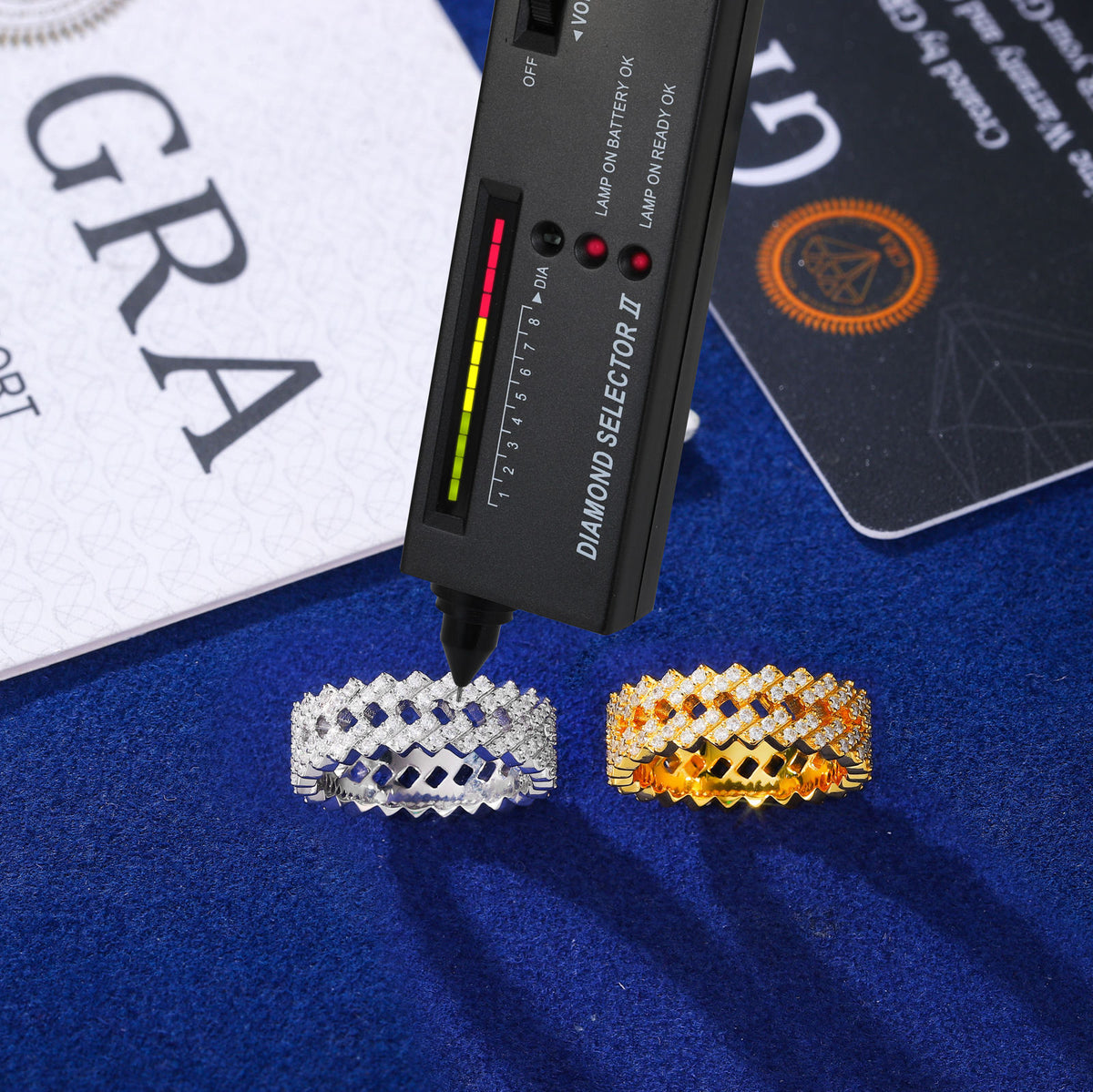 Triple-row moissanite bands shown with tester