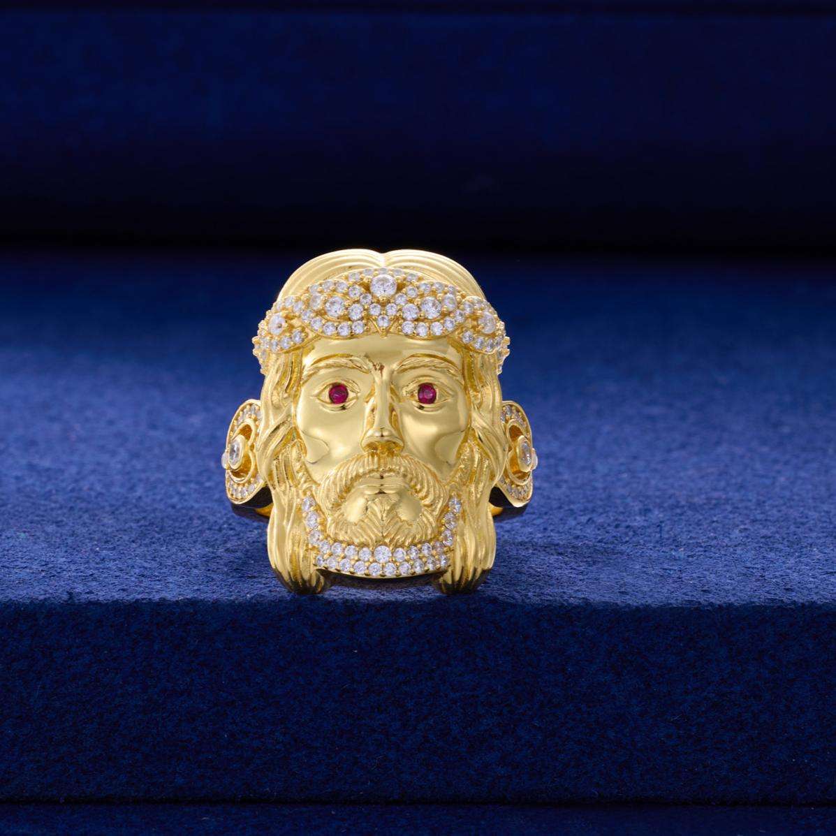 Gold-tone Jesus moissanite statement ring