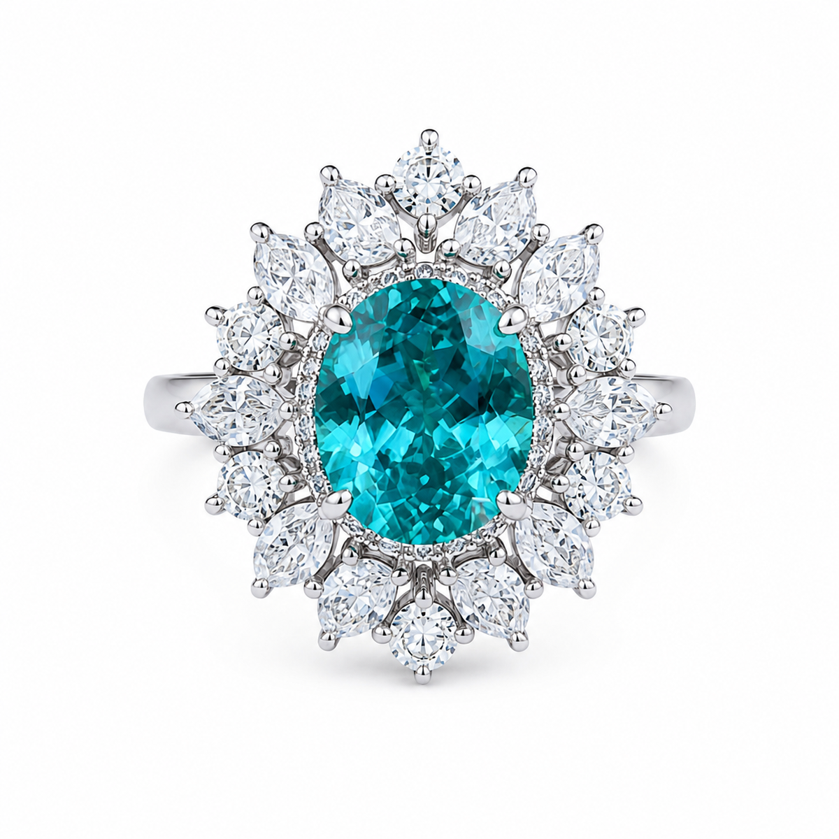6 Carat Lab-Grown Paraiba Oval Halo Ring in 925 Sterling Silver, new white background hero