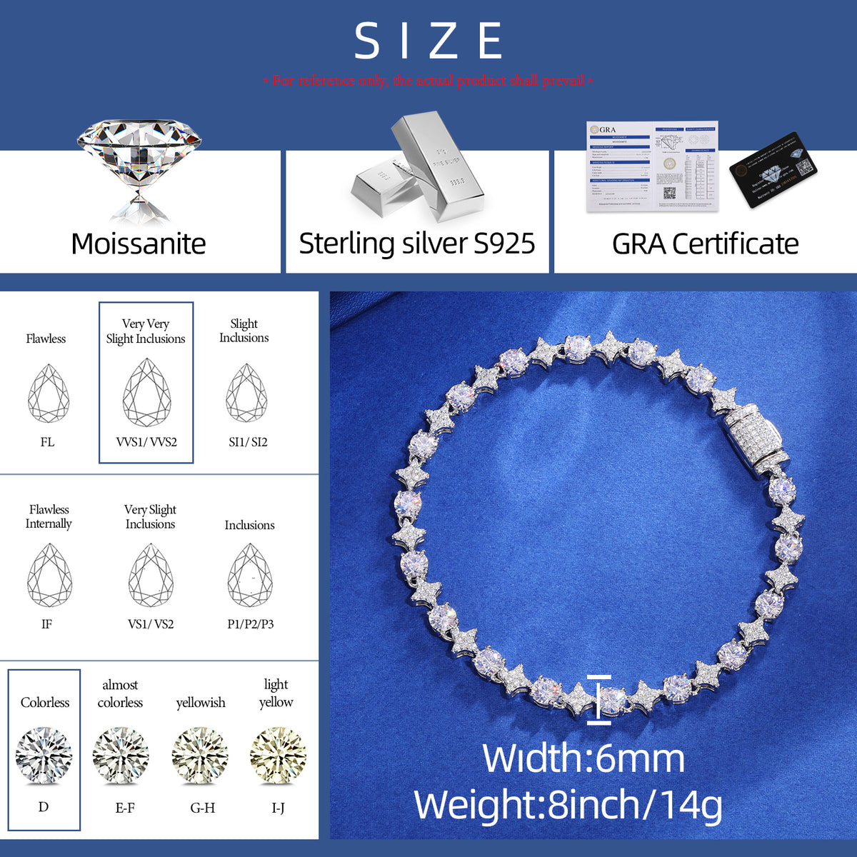 6 mm star moissanite bracelet material and size details