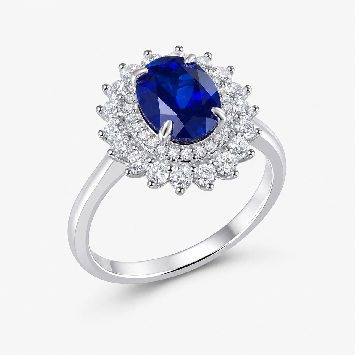 2 Carat Royal Blue Lab-Grown Sapphire Halo Ring in 925 Sterling Silver, new angle view