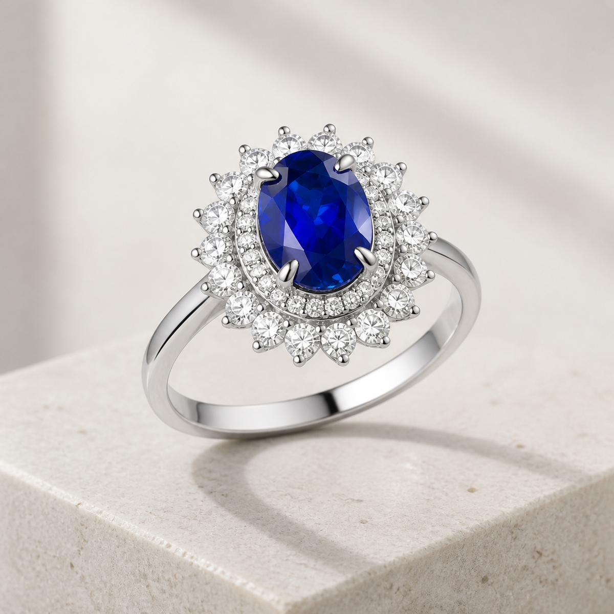 2 Carat Royal Blue Lab-Grown Sapphire Halo Ring in 925 Sterling Silver, new still life