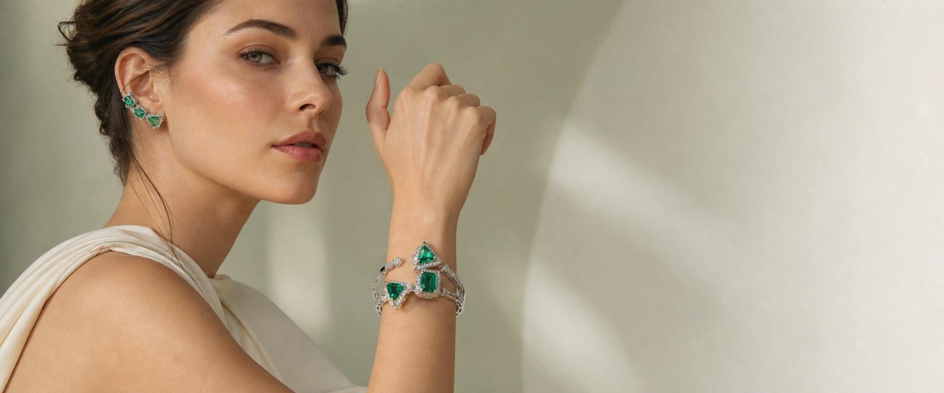Lumingem emerald lab gemstone geometric cuff editorial desktop hero