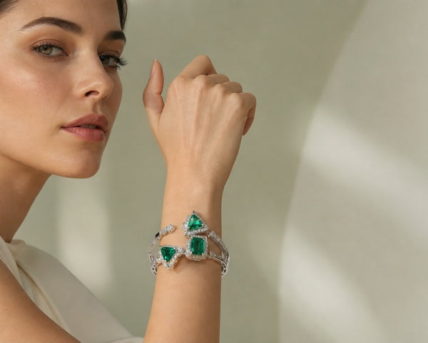 Lumingem emerald lab gemstone geometric cuff editorial desktop hero