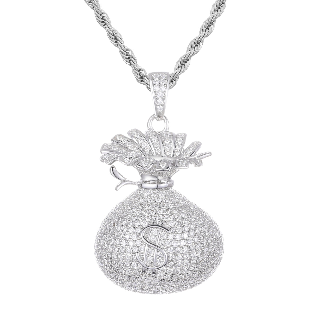 Iced-out moissanite money bag pendant in sterling silver