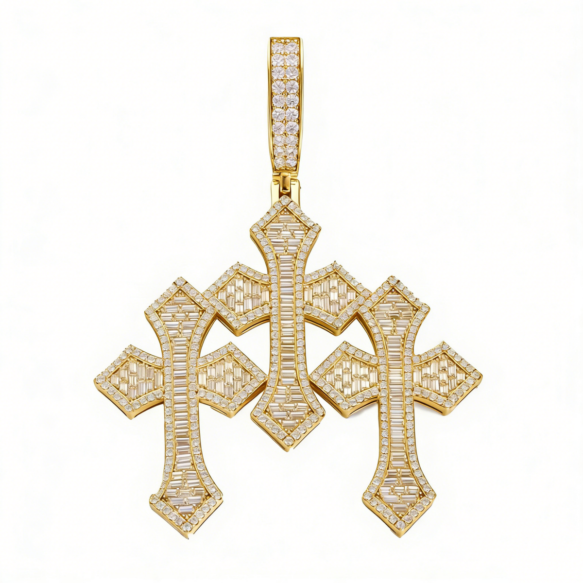 Iced-out triple cross moissanite pendant in gold tone